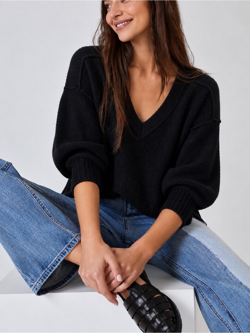 Pilcro Anthropologie Black V-Neck Relaxed Knit Sweater Quarter Length Sleeve